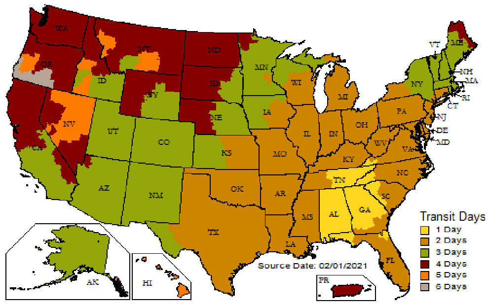 "UPS Zones" map of United States