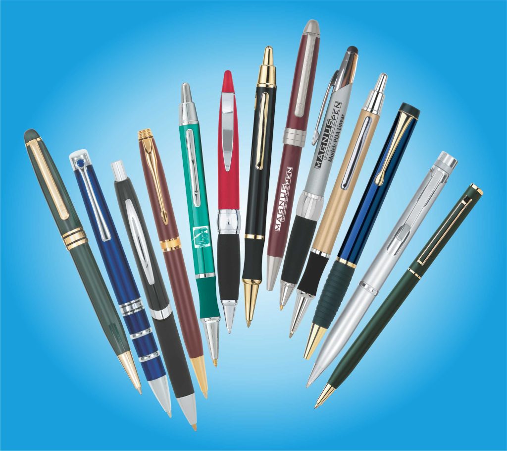 Group of pens with logos.